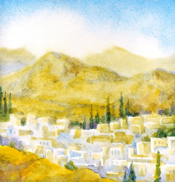 Watercolor landscape. Old city in a valley between the mountains — Stock Photo, Image