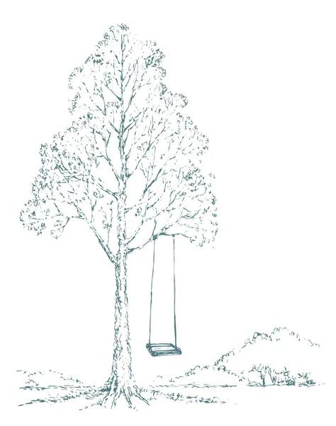 Vektorová skica. Houpat se na starém dubovém stromu — Stockový vektor