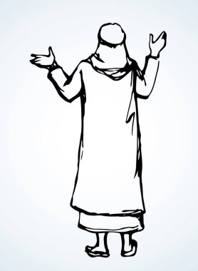 Arab with his hands up, stands with his back. Vector drawing