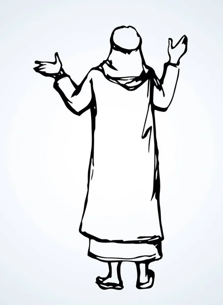 Arab with his hands up, stands with his back. Vector drawing — 스톡 벡터