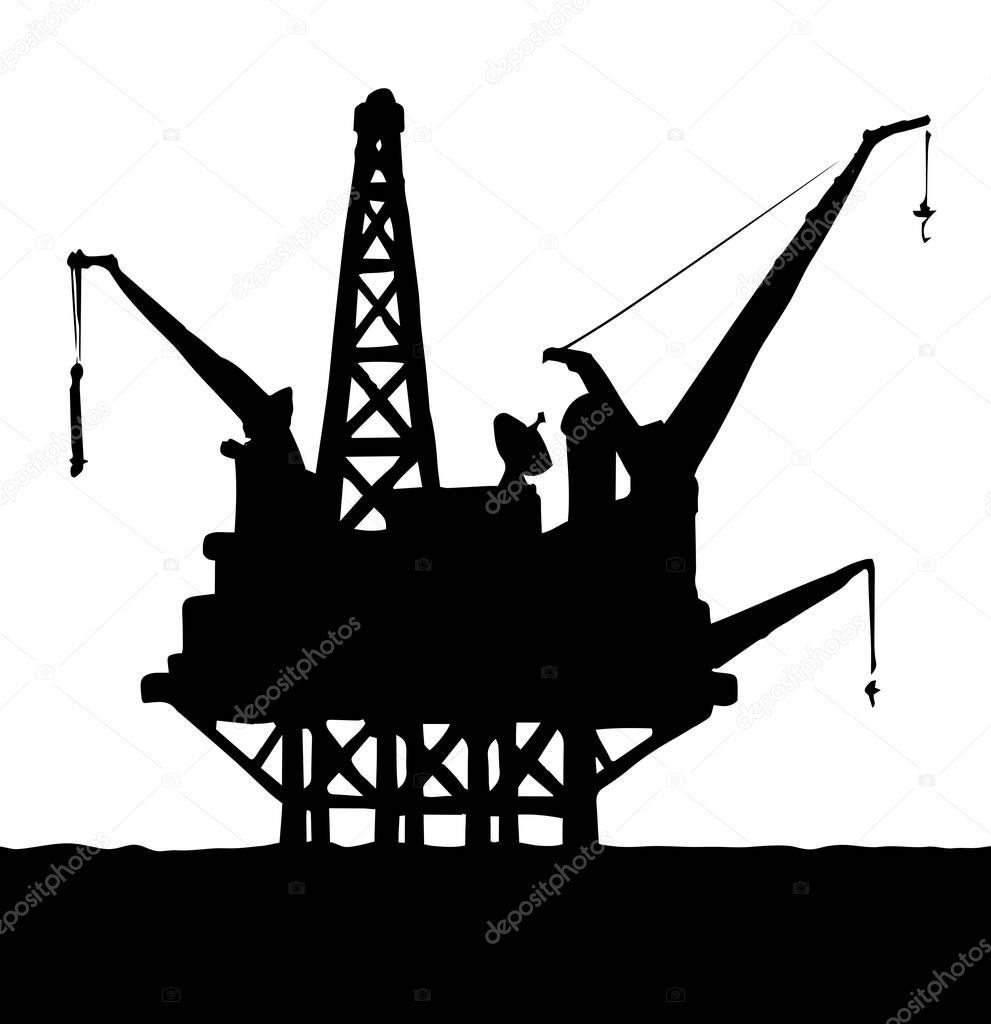 Offshore oil rig. Vector ink style illustration