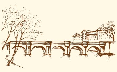 Cityscape Nehri üzerindeki köprü ile. Vektör çizim