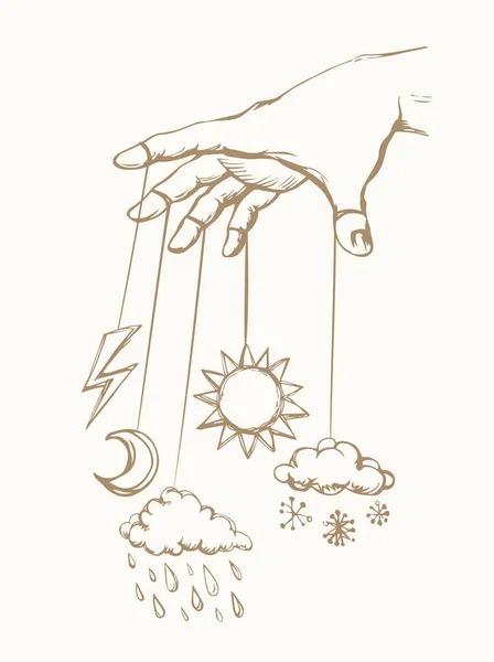 Hand with a puppet of nature. Vector drawing — 스톡 벡터