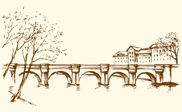 Stadsgezicht met brug over de rivier. Vector tekening — Stockvector