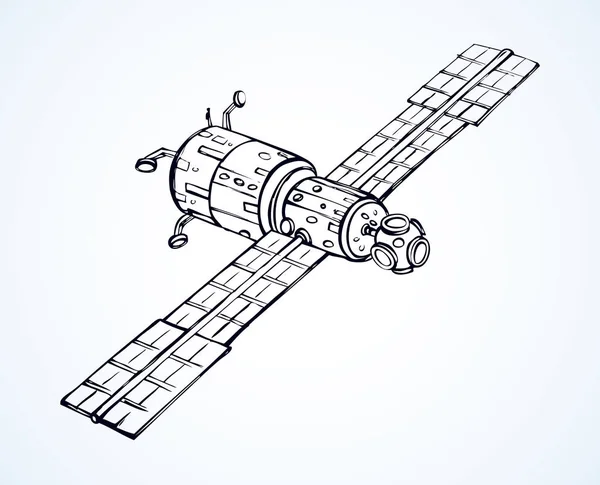 Satelliet met schotel antenne. Vector doodle schets — Stockvector