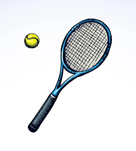 Raqueta de tenis y pelota. Dibujo vectorial — Vector de stock