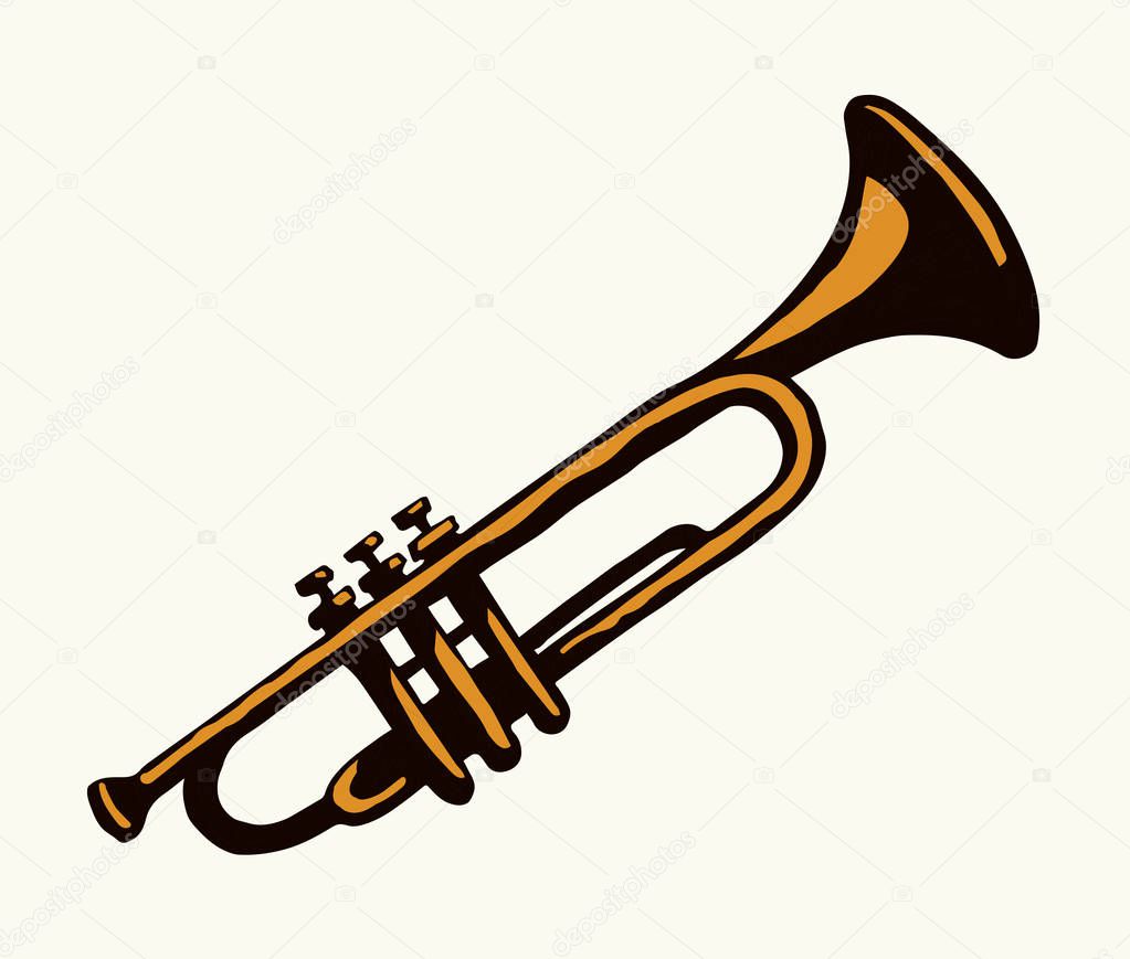 Close up romantic aged gold solo aerophone on white paper text space. Outline black ink pen hand drawn symphonic theater tool object logotype pictogram emblem in artist ancient doodle engrave style