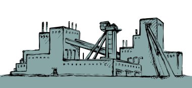 Eski büyük demir madenleri, beyaz gökyüzünde rafine edilmiş kazı fabrikası çalışmaları. Siyah çizgili el ağır kömür karbon ham dizel tank servis simgesi metin taslağını retro yüksek sanat karikatürü olarak çizdi
