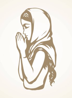 Genç üzgün üzgün üzgün üzgün, güzel bayan Lord İsa 'ya sor. Retro sanat beyaz metin alanı çizer. Siyah çizgi çizilmiş. Saflığa şükürler olsun. Sevgi kıvrımlı kol, yetişkin İncil logosu simgesi kavramı için yalvar.