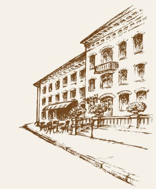 Yaşlı Paris yemek koltuğu sahne görünümü. Freehand anahat siyah mürekkep el çizilmiş Fransa şehir merkezinde yapı yer resim kağıt üzerinde sanat antika doodle oyma tarzı kabataslak. beyaz gökyüzü arka planında metin alanı