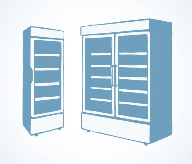 Büyük soğutucu beyaz arka planda buzlu soda iyi durumda buzdolabı standı gösteriyor. Çizgi siyah el çizimi boş raflı göğüs kafesi koridor koridoru cihaz sembolü işaret işareti modern karalama çizgi film biçimi metin alanı üzerine