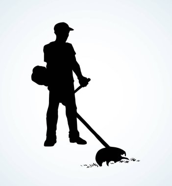 Metin için beyaz gökyüzü alanında çim kesici tırpher cihazı nı takın. Koyu mürekkep el çizilmiş el emeği bitki çim makas ev chore makine logosu modern küçük resim litur baskı tarzı pictogram işaret simgesi