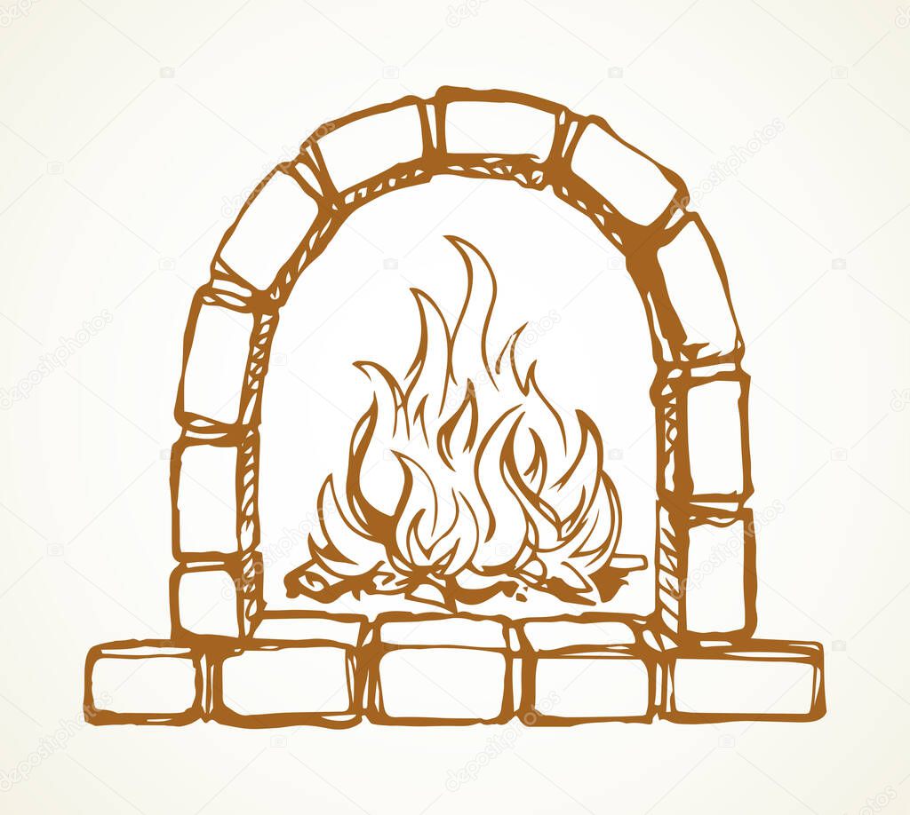 Closeup line historic cute cozy log fiery heater hearth object on white room wall text space. Outline black hand drawn folk indoor russia warmth stove place logo pictogram design in antique art style