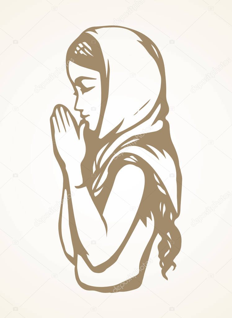 Young worry sorrow sad problem pretty lady ask Lord Jesus. Retro art sketch white text space. Black line drawn side thank purity praise plead love fold arm beg adult bible soul logo sign icon concept