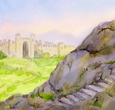 Ortadoğu 'yu geçince vadi taştan yol yahudisi Jericho taşrası mavi gökyüzü sahnesi klasik sanat grafik resim tarzında. İncil 'deki kutsal yer Jaffa İsrail Kralı David tuğla başkent manzarası inşa etti.