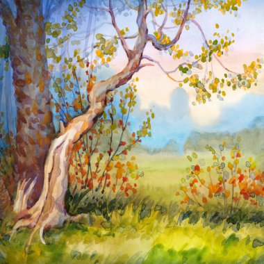 Suluboya el yapımı kağıt fon. Parlak akrilik yeşil çayır. Yaz mevsiminin canlı günbatımının puslu güneşli sisinde eski kavak ağacı çalısı. Sessiz kırsal tarım arazisi sanat eseri yağmur bulutlu sahne