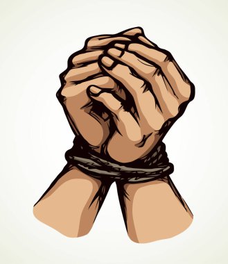 Tehlike mahkum bağlantı dize kablosu beyaz kağıt metin alanı üzerinde kelepçeli. Renk çizilmiş yapamaz dua parmak yumruk bind bağımlılığı simge işareti sanat karikatür tarzı. Yakın yukarı kaçıran tutuklama yakalanan dua vücut Bilek ağrısı