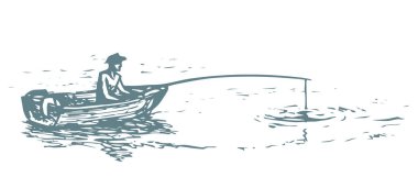 Şapka retro adam kişi beyaz yaz gökyüzü sahne arka planda oturup. Anahat siyah mürekkep el çizilmiş deniz dinlenme mücadele yem kanca dişli işareti simgesi vintage sanat doodle karikatür tarzı metin için kağıt alanda kalem