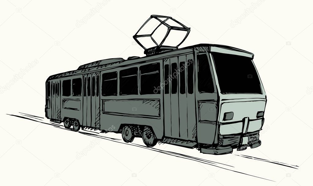 Side view classic antique tramline on white way backdrop. outline black ink hand drawn fast auto machine ride drive tour logo pictogram emblem design in ancient art doodle cartoon style on text space