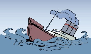 Antik ahşap paslı büyük fırkateyn alt direği beyaz gökyüzü metin uzayında kalır. Ana hatları siyah el çizilmiş derin denizcilik batık rüzgar sorun galleon logo işaret simgesi çizimi sanat retro doodle çizgi çizgi tarzı