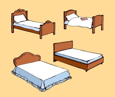 Boş klasik kahverengi ahşap rahat yumuşak trendy hostel ranza beyaz zemin üzerinde. Parlak renkli çizilmiş logosu sanat retro karalama karikatür tarzı içinde yarım yamalak ver. Portre görünümünde metin alanı olan