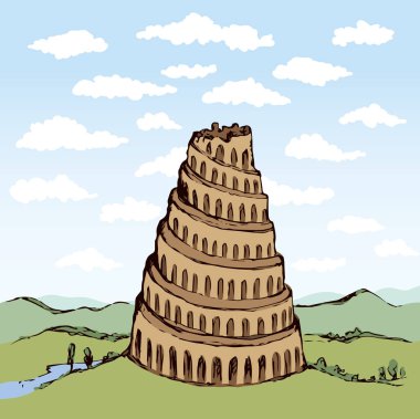 Yaşlı Sümer babil uzun boylu palace ünlü İncil hikayesi. Büyük nimrud kale dış sahne. Orta Doğu Asur İmparatorluğu ülke görünümü. Sanat retro karikatür tarzı çizilmiş renk resim simgesini işaret kroki