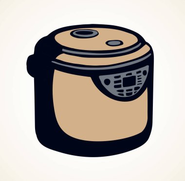 Modern metal karışımı fırın tenceresi cihazı beyaz uzayda metin için. Serbest çizgili siyah mürekkep eli sağlıklı çizilmiş tost ekmeği fırını kabı objesi logosu sanat karikatürü tarzında. Yakın görünüm