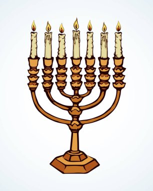 Vintage chanukiah miras altın Pyres hatıra. Retro sanat doodle grafik stili kalem beyaz kağıt arka plan üzerinde siyah mürekkep el çizilmiş resim logo kroki anahat. Portre görünümünde metin alanı olan