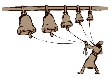 İnsanlar büyük demir Manastırı campane saat toller beyaz gökyüzü arka plan üzerinde kesin. Serbest çizim siyah mürekkep kalem çizilmiş müzikal logo amblem sanatsal eski doodle karikatür tarzı ve metin için yer