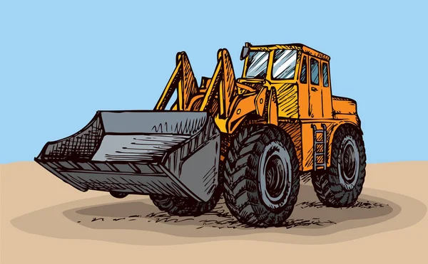 钢刮推负荷牵引大橡胶客车轮胎隔离在白色背景 明亮的黄色手绘标志图标图片涂鸦风格与空间的文字在沙地采石场 — 图库矢量图片