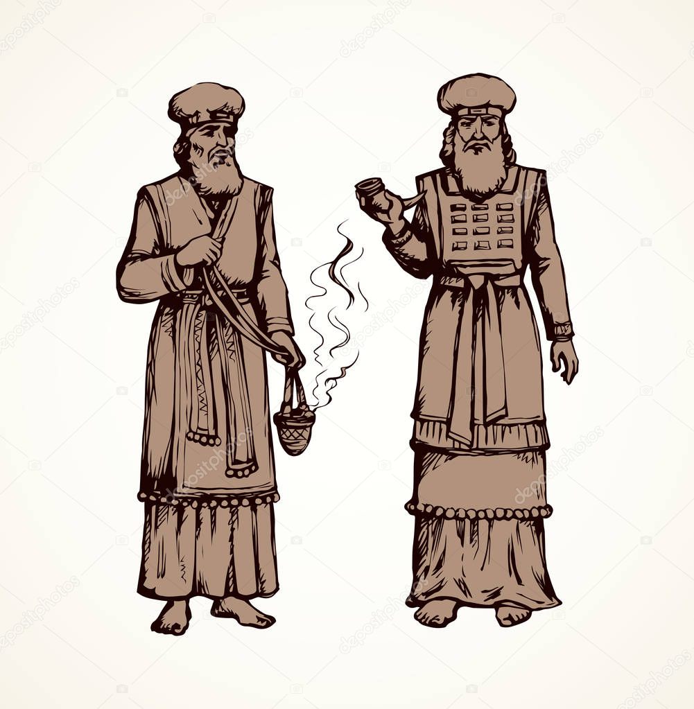 Moses torah historic divine culture. Old bearded Aaron in tunic, turban with censer of incense. Line black ink hand drawn judaic levit leader picture sketch in vintage art east engrave cartoon style