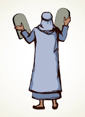 Antik İsrail erkek ruhani lideri Haham ayağa kalktı ve Tanrı 'ya 10 kural simgesi logosunu hazırlaması için dua etti. Klasik kilise sanat eseri çizimi karikatür talmud mektup hikayesi. Beyaz Doğu Arap insan görünümü bornoz kostümü