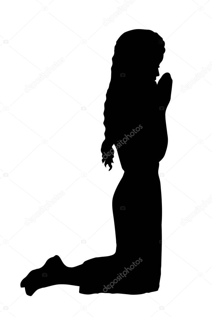 Young worry sorrow sad problem pretty lady ask Lord Jesus. Retro art sketch white text space. Black line drawn side thank purity praise plead love fold arm beg adult bible soul logo sign icon concept