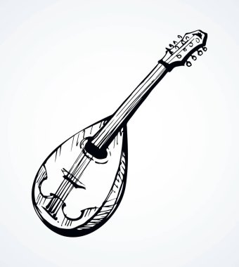 Ukulele mandola 'nın eski ve büyük strum akorunun yakın görüntüsü. Freehand ana hatları siyah mürekkep kalem el çizimi soyut kobza melodisi logosu pictogram amblem tasarımı. Retro ressam doodle biçim kağıt metin alanı
