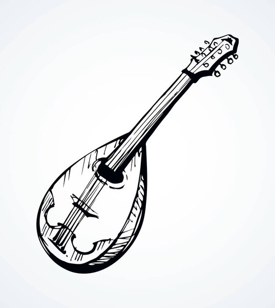 Closeup view of big old pluck strum chord ukulele mandola. Freehand outline black ink pen hand drawn abstract kobza tune logo pictogram emblem design. Retro artist doodle print style paper text space