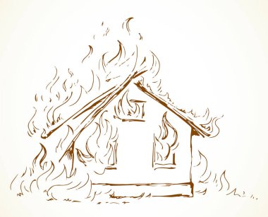 Yakın plan kırmızı kır evi manzaralı dış trajedi harabesi. Açık beyaz kağıt metin alanı. Siyah el çizimi kulübe özelliği güvenli yaşam logosu piktogram konsept tasarımı. Retro sanat karalama biçimi