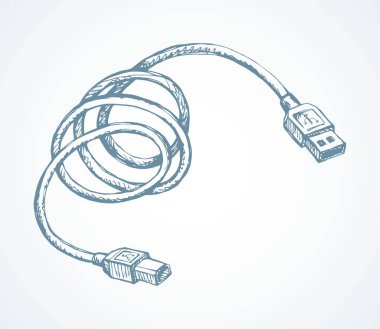 Beyaz arka planda uzun plastik halkalı telefon bağlantısı. Metin uzayında modern sanat karalama karikatürü tarzında çizilmiş mikro el çizilmiş ses piktogram simgesi tasarım tasarımı taslağı. Yakın görünüm