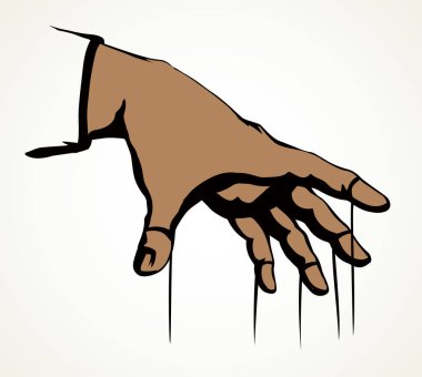 Beyaz ahşap kravat köle model hareket ustası diktatörü asıyor. Siyahi, otoriter, politik tiyatro yönetmeni, sanatçı oyunu, nesne kariyeri, işaret simgesi çizimi, retro sanat karikatür vektör stili.