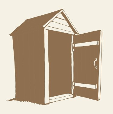 Grunge small hillbilly privy pee cubicle stall set on white paper text space. Outline brown ink hand drawn camp poop waste hygiene poo logo pictogram in art ancient doodle style. Close up line view clipart