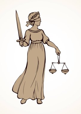 Beyaz mahkemedeki kağıt geçmişini kör adil justitia Lady rakam. Eski klasik sivil hapishane femida heykel piktogram. Antik sanat karikatür tarzı siyah çizgi çizim yargı sipariş logosu