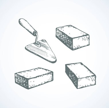 Beyaz parget duvar zemin üzerinde eski inşa metal kürek. Freehand siyah anahat el çizilmiş yapı sıva darby kepçe nesne logosu metin için alan retro sanat doodle karikatür grafik tarzı resimtogram
