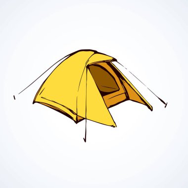 Açık gezici tatil köyü tente yerleşimi beyaz arka planda. Parlak zeytin rengi logo çizimi modern karalama şekilli kalemle kağıda çizilmiş. Metin için yakın görünüm ve boşluk