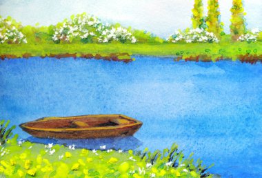 Parlak mavi renkli boyalı el, soyut suluboya eski yelken sanatçısı eskizini kağıt arkaplanda günbatımı sahnesine çizmiş. Sanat eserleri çim çiçekleri manzaralı sakin dere kıyısı manzaralı