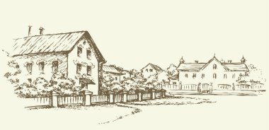 Yaşlanmış kalem şirin tarihi bina manzaralı sahne arkaplanı. Siyah mürekkep el çizilmiş bahar villa işaret simgesi resim sanat retro doodle biçiminde oyma kalem beyaz kağıt metin alanı üzerinde