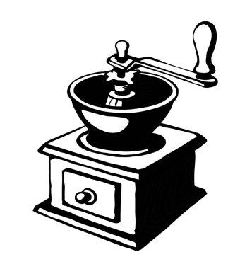 Yakın plan eski ev ahşap kap kacak. Beyaz kağıt metin alanı. Kahverengi kalem ana hatlarıyla sabah kızarmış mocha metal cihaz logosu çizimi. Çizgi film karalama çizgisi tarzı