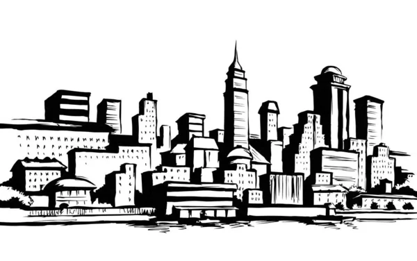 Soyut rıhtım kıyısı ABD New York yüksek banka yapı merkezi panoramik manzarası. Midtown Limanı gökyüzü mesaj uzayı. Resim çizimi biçiminde siyah mürekkep çizilmiş logo simgesi desen tasarımı
