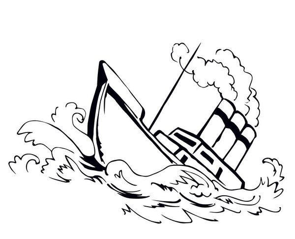 Древние деревянные ржавые большие фрегаты нижней мачты остаются на белом небе текстового пространства. Контур черная рука нарисована глубокий морской раковина ветер проблемы галеон логотип знак эскиз в стиле арт-ретро каракули мультяшной линии