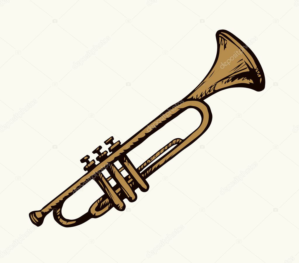 Close up romantic aged gold solo aerophone on white paper text space. Outline black ink pen hand drawn symphonic theater tool object logotype pictogram emblem in artist ancient doodle engrave style