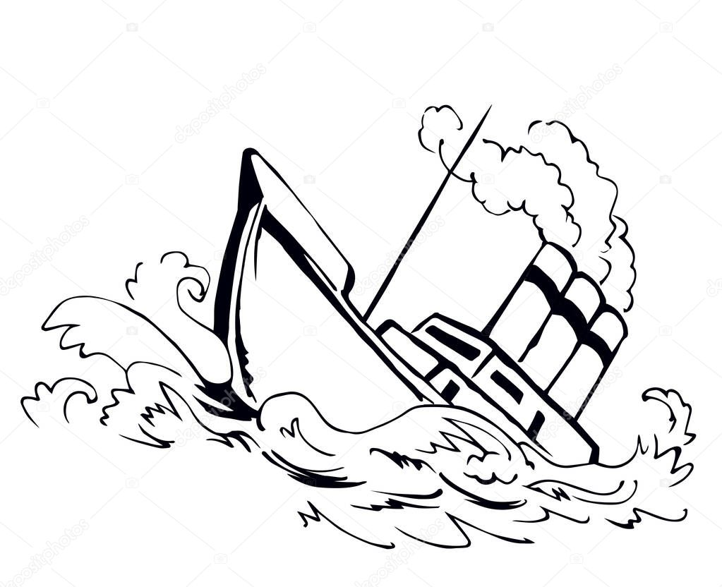 Ancient wood rusty big frigate bottom mast remain on white sky text space. Outline black hand drawn deep maritime sink wind problem galleon logo sign icon sketch in art retro doodle cartoon line style