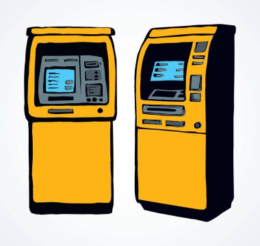 Web hattı mağazası kredi görüntüleme bancomat kiosk pin tuş takımı veznedar aygıtı beyaz kağıt üzerinde. Sarı renkli el çizimi dolar banknotları maaş monitörü logo simgesi simgesi konseptini grafik çizgi film tarzında kazanır